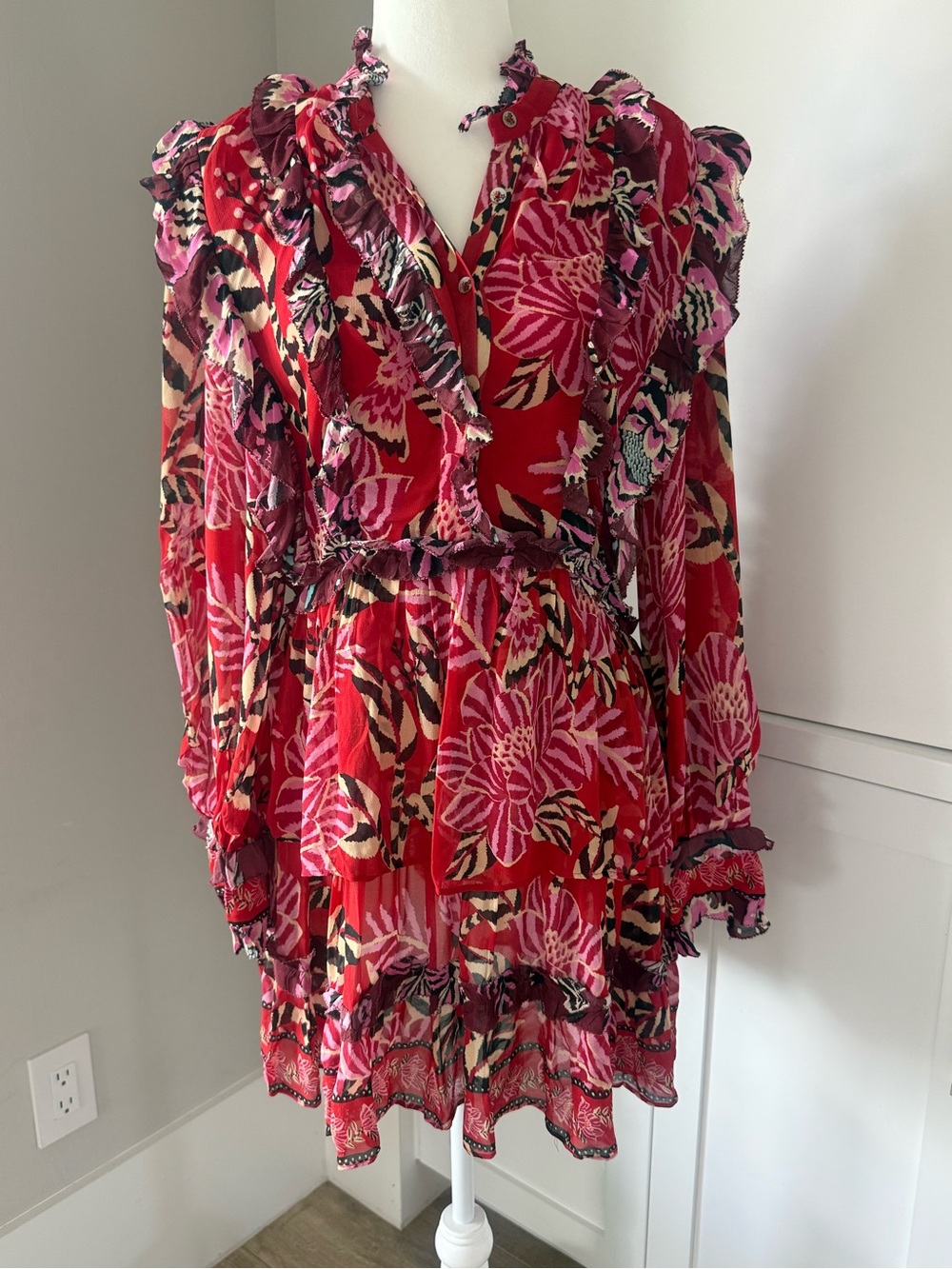 FARM Rio Red and Pink Floral Ruffle Long-Sleeve Dress - Picture 2 of 11